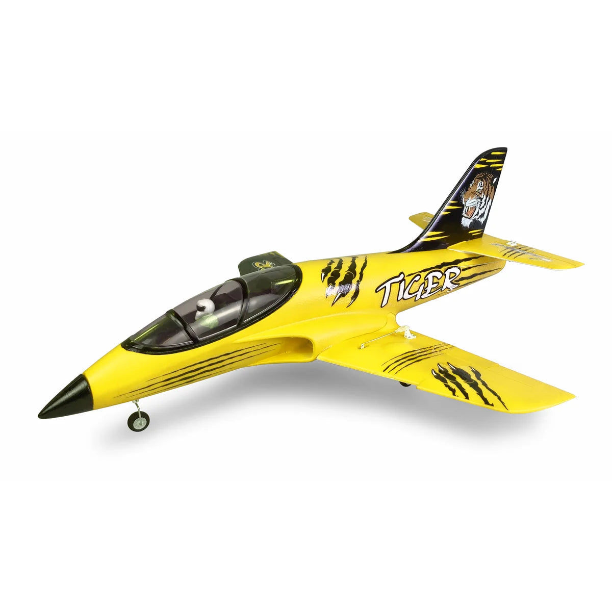 Amewi AMXFlight Tiger S Jet 55mm EDF gelb 24094 Flugzeug PNP – Seitenansicht gelbes Jet-Flugzeug mit schwarzen Tiger-Streifen