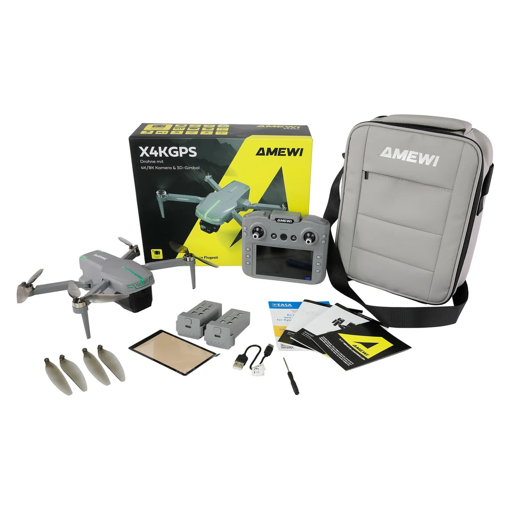 Amewi AMXFlight X4KGPS Brushless-Drohne mit 3D-Gimbal & 4K Kamera inkl. 2 Akkus 25364 Drohne RTF – Lieferumfang und Zubehör
