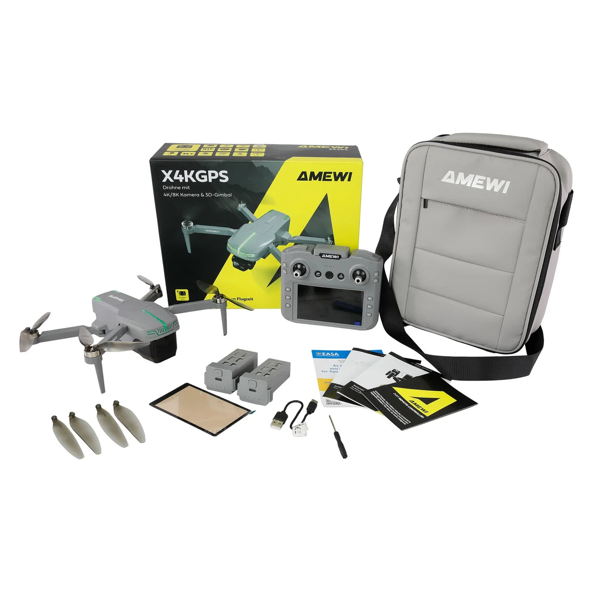 Amewi AMXFlight X4KGPS Brushless-Drohne mit 3D-Gimbal & 4K Kamera inkl. 2 Akkus 25364 Drohne RTF – Lieferumfang und Zubehör
