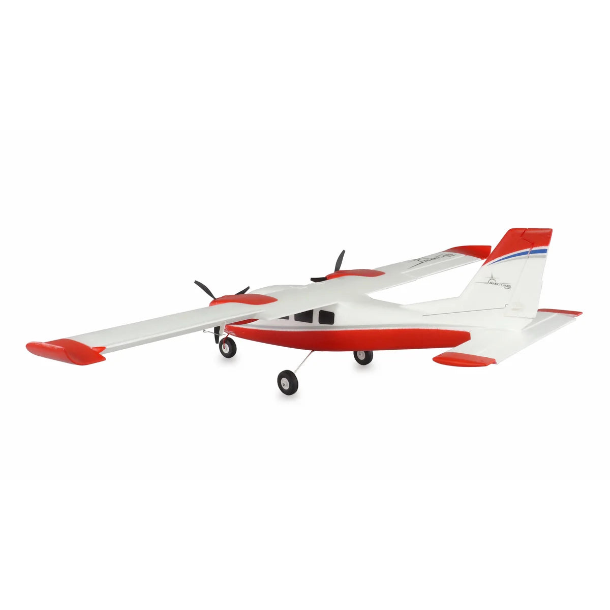 Amewi AMXPlanes P68 Hochdecker 850mm Rot 24132 Flugzeug PNP – Seitenansicht mit rot-weißem Farbschema, zwei Propeller