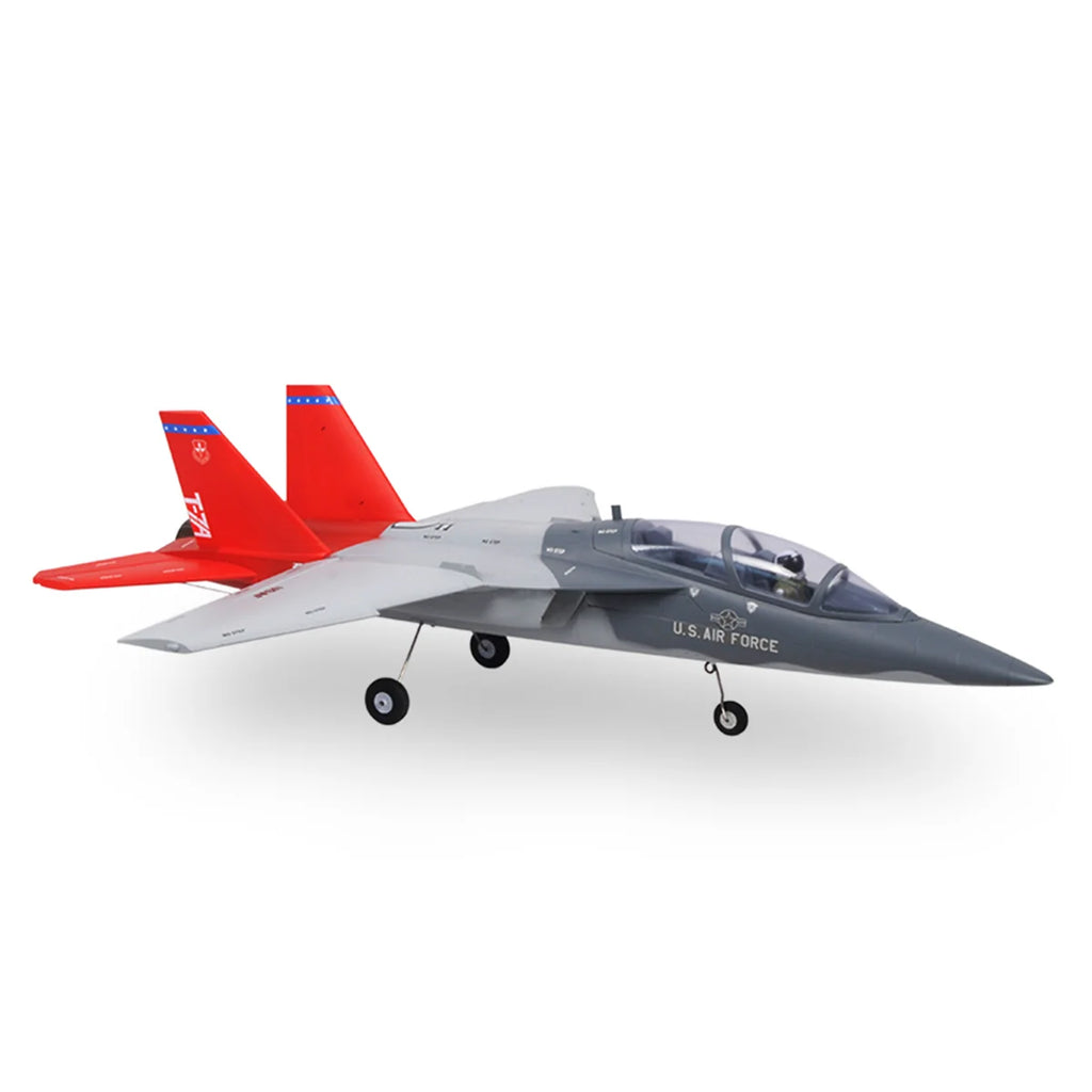 Amewi AMXPlanes T-7A Jet EPO 24120 Flugzeug PNP – Seitenansicht mit roten Leitwerken und Fahrwerk