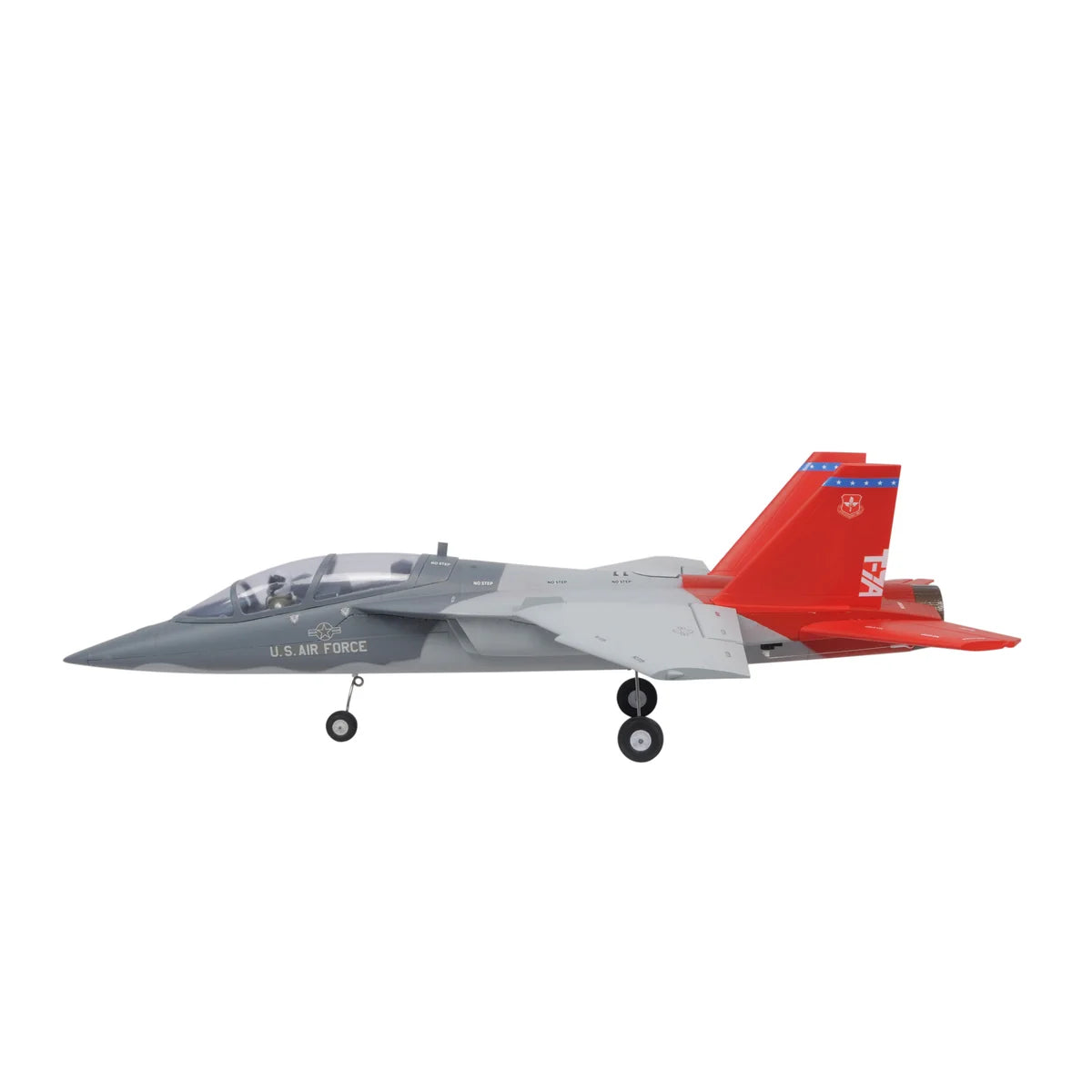 Amewi AMXPlanes T-7A Jet EPO 24120 Flugzeug PNP – Seitenansicht mit rot-grauem Farbschema, Fahrwerk eingeklappt
