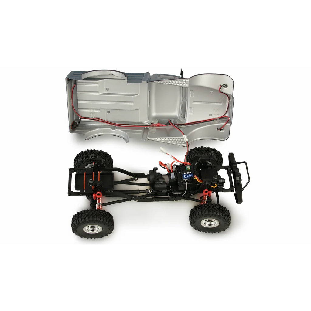 Amewi AMXRock AM18 Harvest Scale Crawler grau 22522 im Maßstab 1:18 Crawler RTR – Draufsicht mit Chassis, Motoren und Rädern
