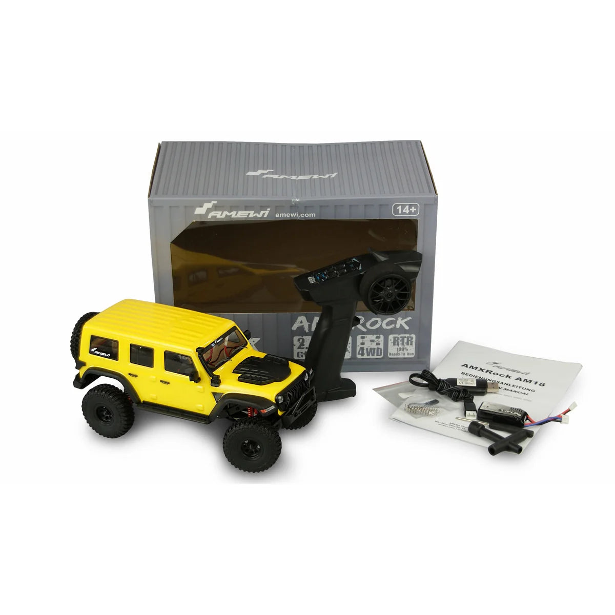 Amewi AMXRock AM18 Kratos Scale Crawler gelb 22521 im Maßstab 1:18 Crawler RTR – Lieferumfang und Zubehör