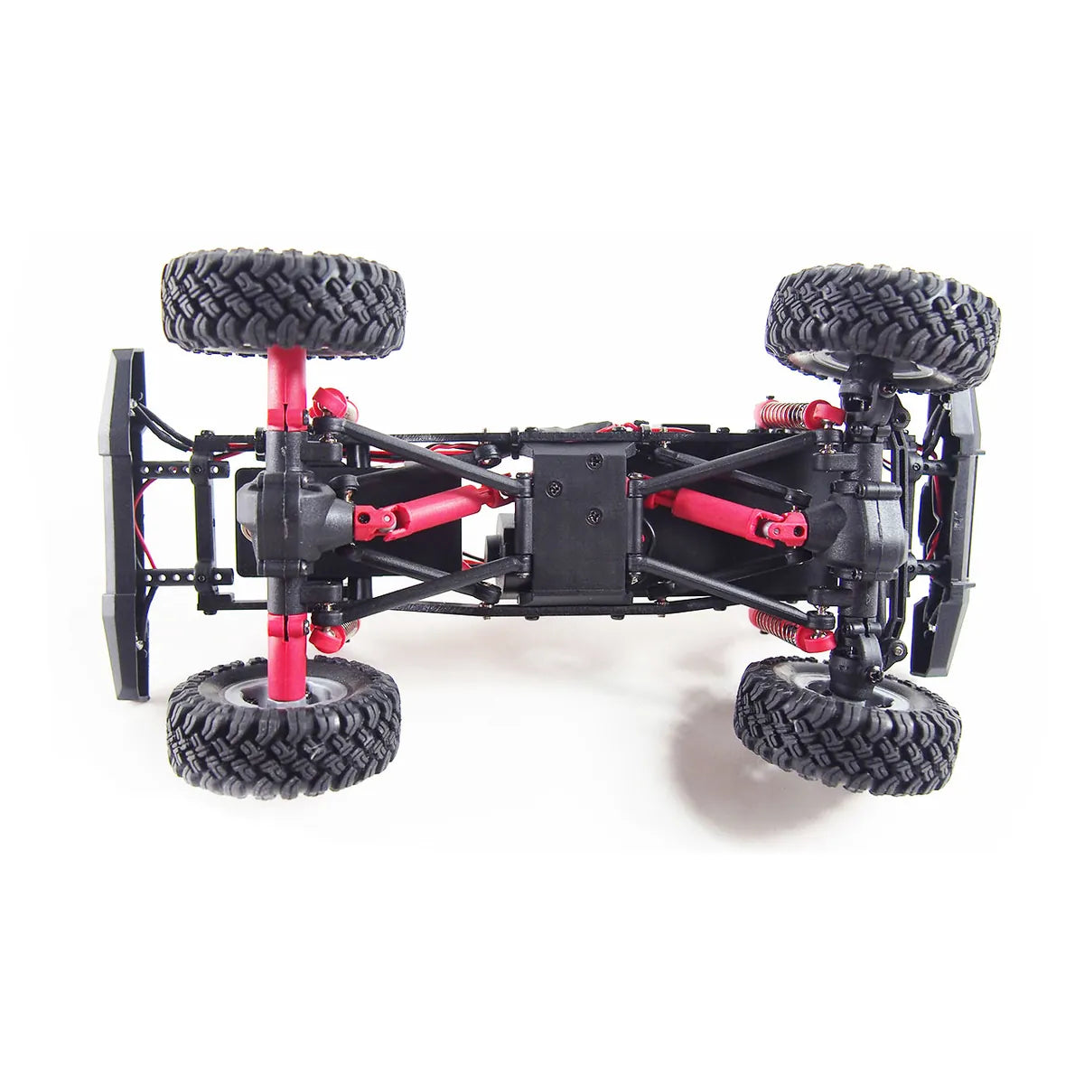 Amewi AMXRock Crawler AM24 4WD blau 22372 im Maßstab 1:24 Crawler RTR – Draufsicht mit rotem Chassis und vier Geländereifen