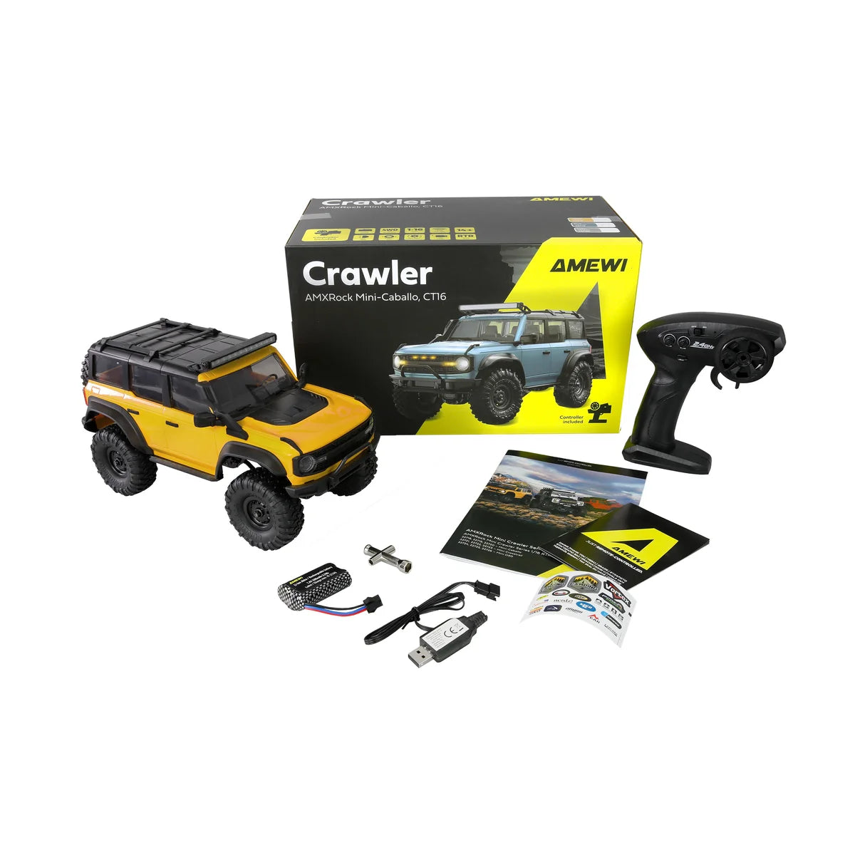 Amewi AMXRock Mini-Caballo Scale Crawler 4WD Gelb 22718 im Maßstab 1:16 Crawler RTR – Lieferumfang und Zubehör