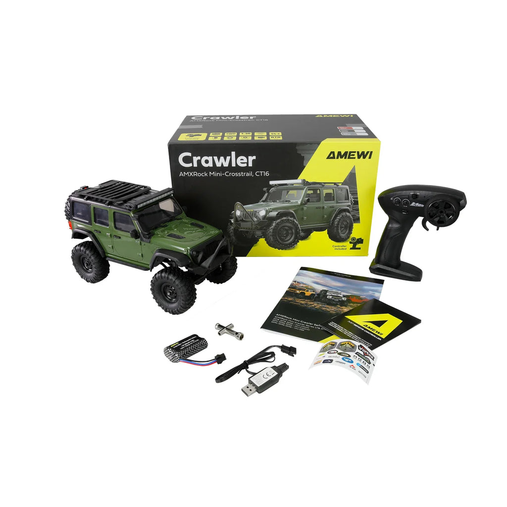 Amewi AMXRock Mini-Crosstrail Scale Crawler 4WD Grün 22722 im Maßstab 1:16 Crawler RTR – Lieferumfang und Zubehör