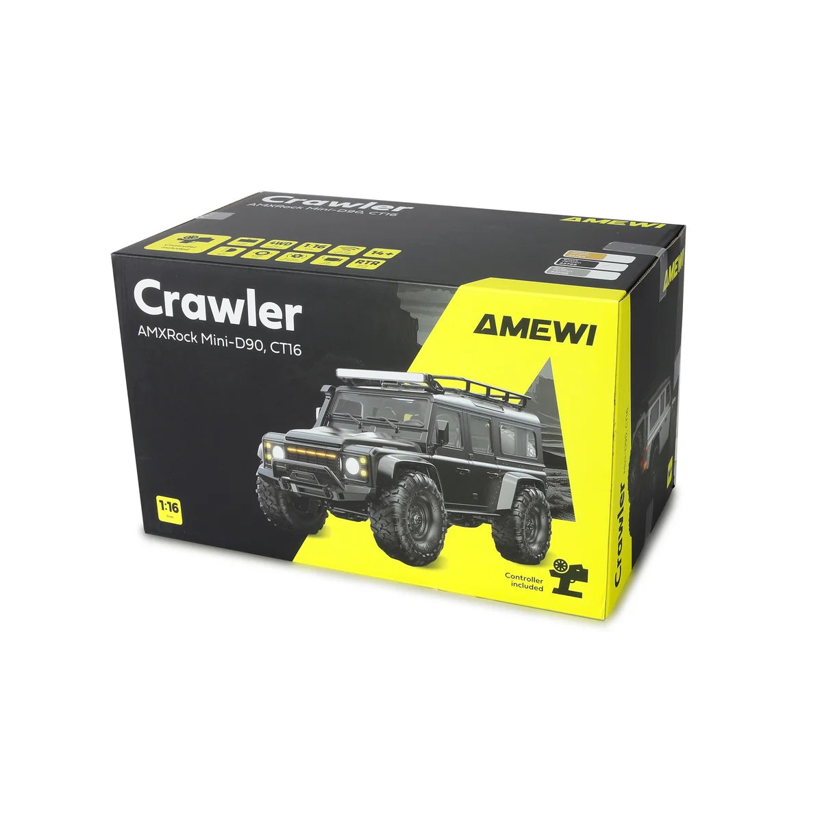 Amewi AMXRock Mini-D90 Scale Crawler 4WD Gelb 22724 im Maßstab 1:16 Crawler RTR – Verpackung