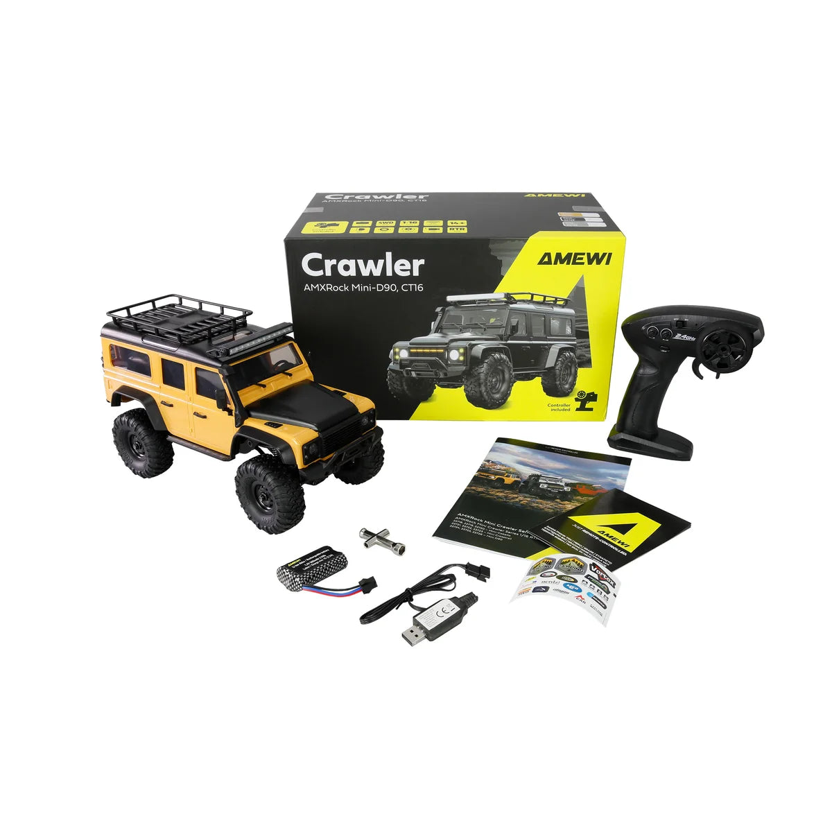Amewi AMXRock Mini-D90 Scale Crawler 4WD Gelb 22724 im Maßstab 1:16 Crawler RTR – Lieferumfang und Zubehör