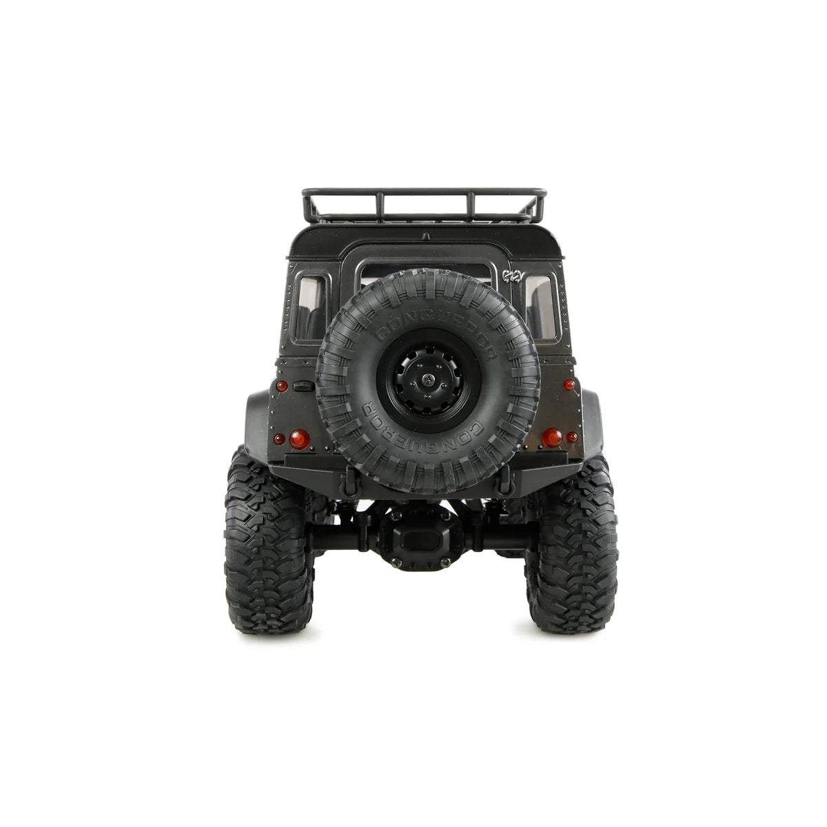 Amewi AMXRock Mini-D90 Scale Crawler 4WD Grau 22726 im Maßstab 1:16 Crawler RTR – Rückansicht mit Reserverad, Reling, Reifen