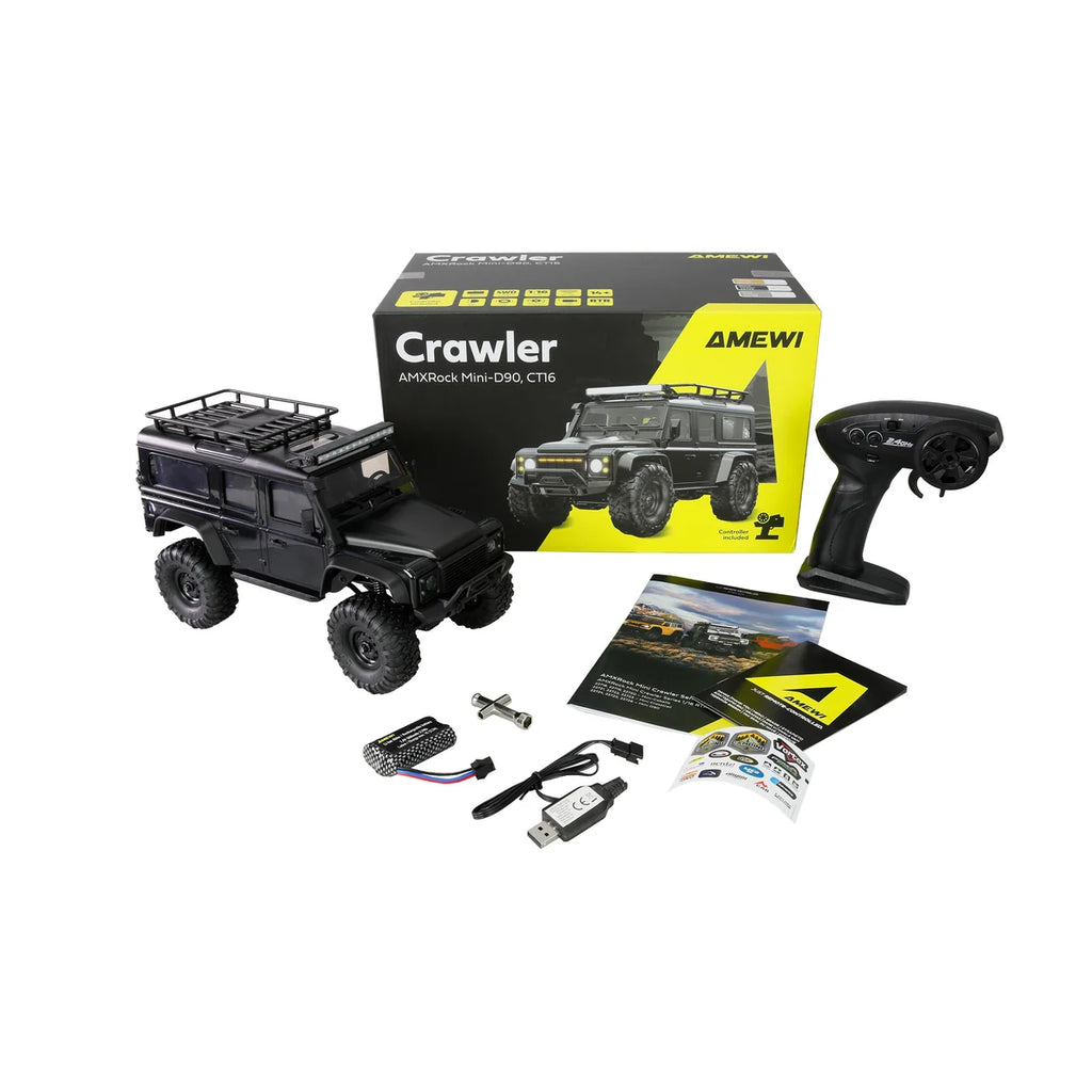 Amewi AMXRock Mini-D90 Scale Crawler 4WD Schwarz 22725 im Maßstab 1:16 Crawler RTR – Lieferumfang und Zubehör