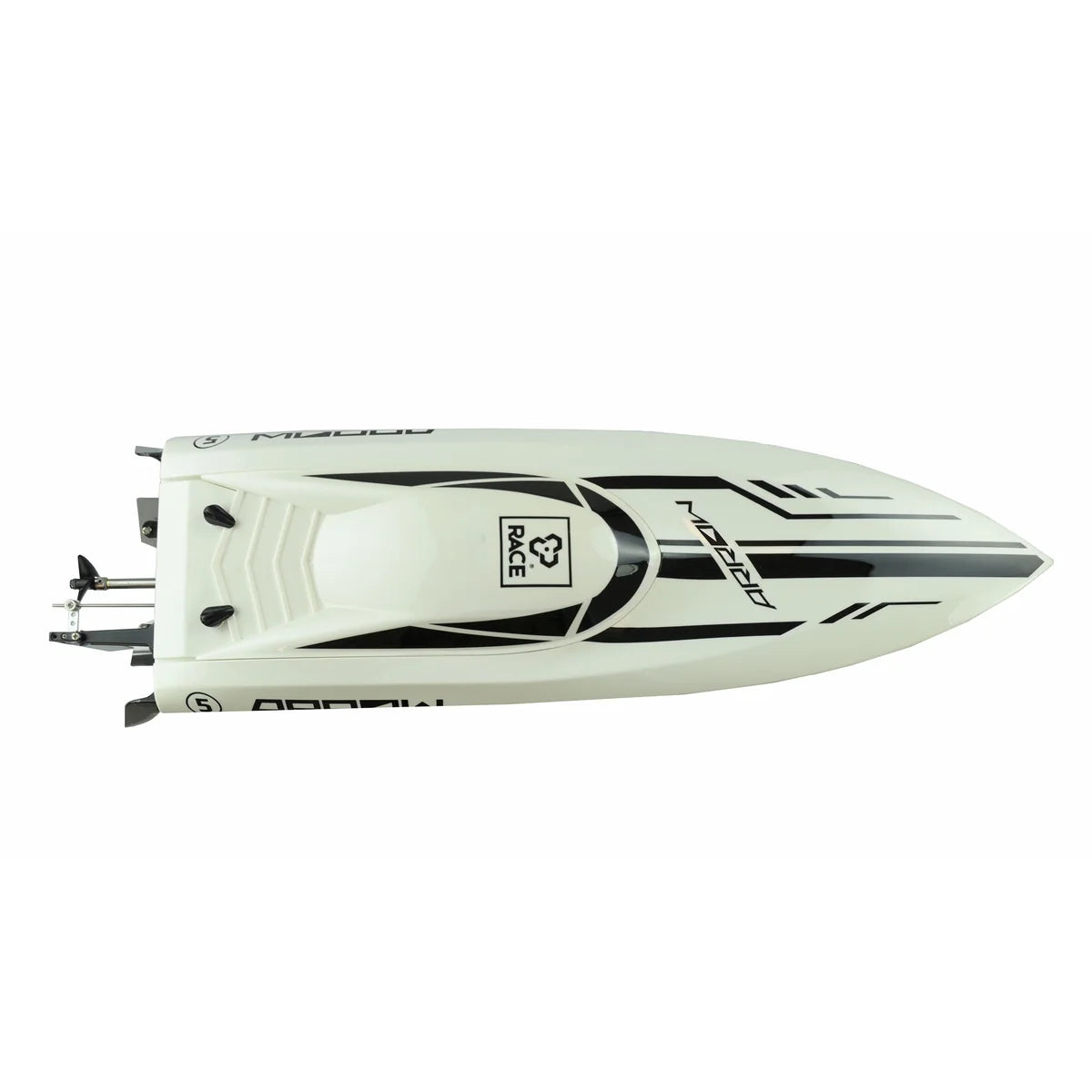 Amewi Arrow 5 Mono Speedboot brushless 633mm 26088 Speedboot RTR – Draufsicht mit weißer Karosserie, schwarzen Streifen