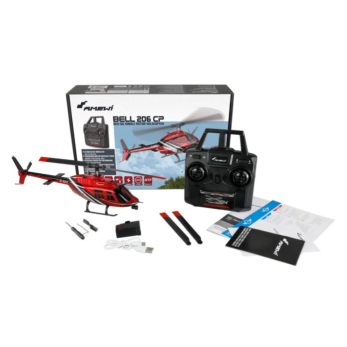 Amewi Bell 206 Jet Ranger CP-Helikopter 6-Kanal 6G 25342 Helikopter RTF – Lieferumfang und Zubehör