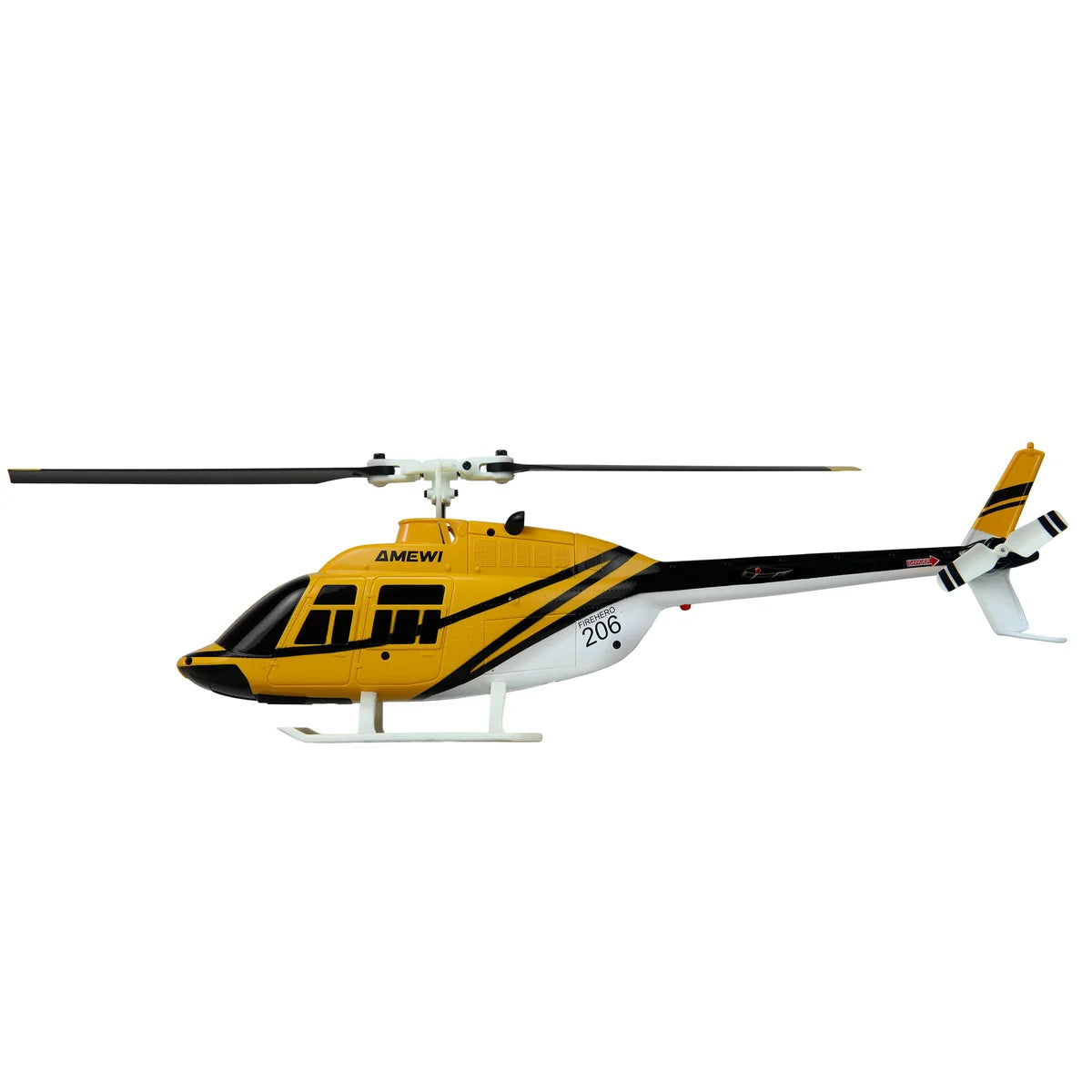 Amewi Bell 206 Jet Ranger Helikopter 4-Kanal 6G 25358 Helikopter RTF – Seitenansicht mit gelbem Rumpf und schwarzen Streifen