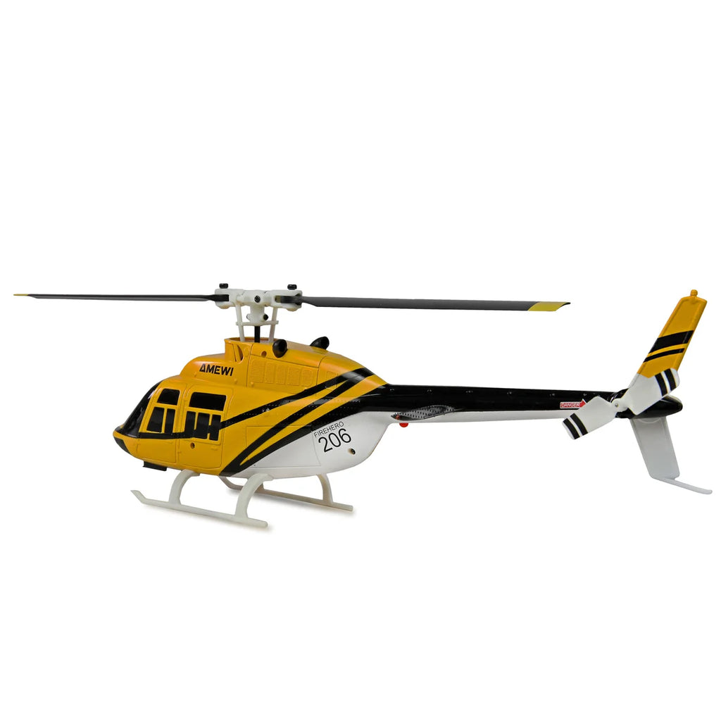 Amewi Bell 206 Jet Ranger Helikopter 4-Kanal 6G 25358 Helikopter RTF – Seitenansicht mit schwarzen Streifen, gelbe Karosserie