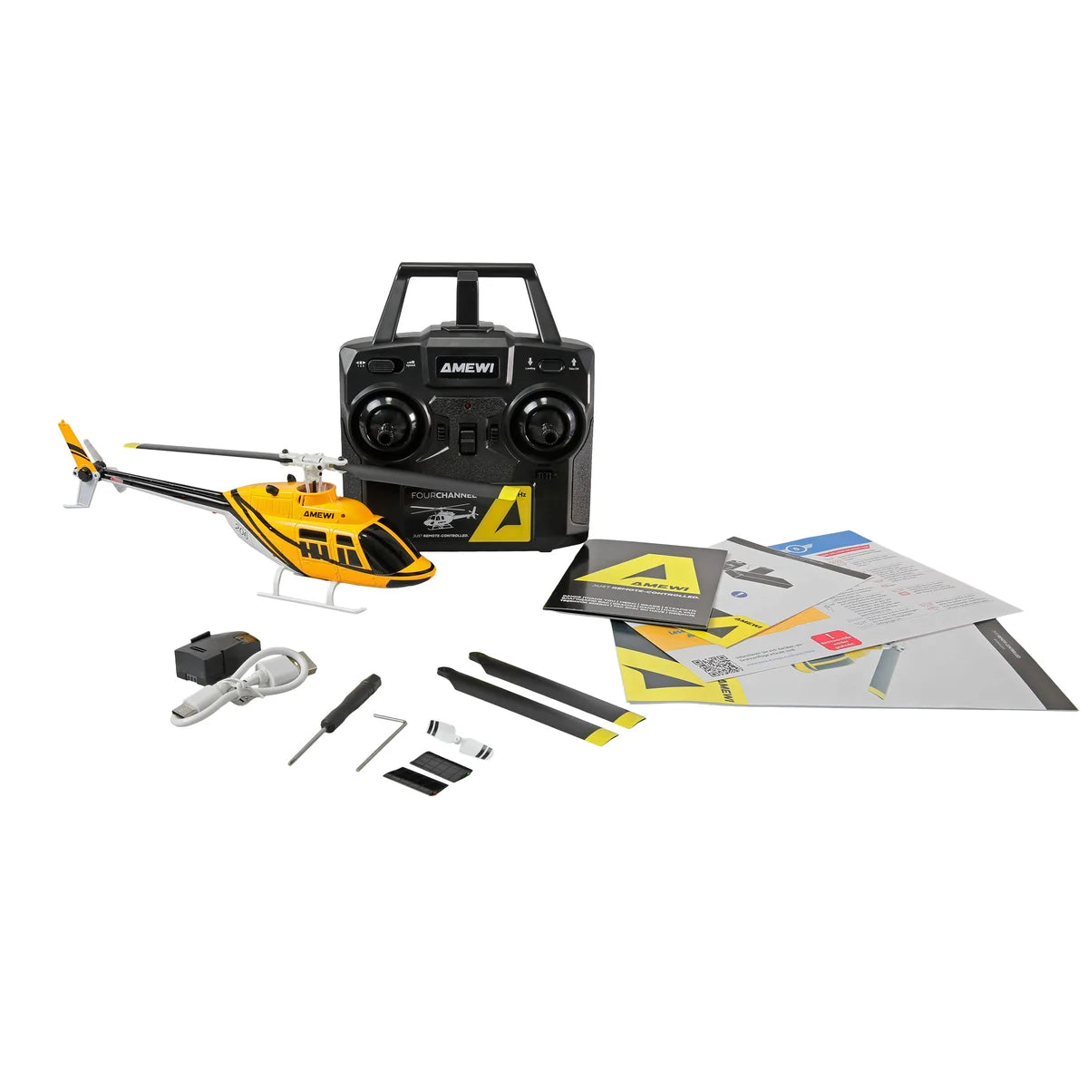Amewi Bell 206 Jet Ranger Helikopter 4-Kanal 6G 25358 Helikopter RTF – Lieferumfang und Zubehör