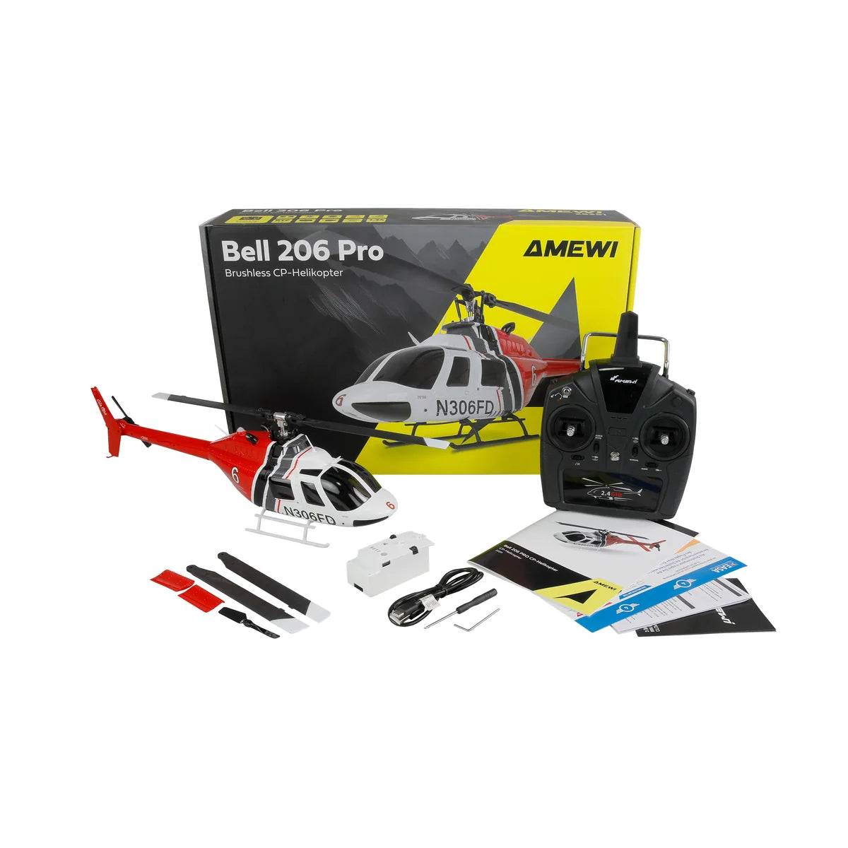 Amewi Bell 206 PRO brushless CP-Helikopter 6-Kanal 6G 25351 im Maßstab 1:34 Helikopter RTF – Lieferumfang und Zubehör