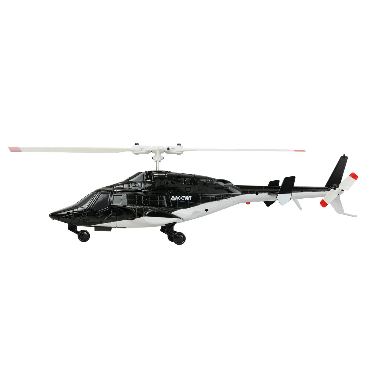 Amewi Bell 222 Airwolf Helikopter 4-Kanal 6G 25355 Helikopter RTF – Seitenansicht mit Rotorblättern und Fahrwerk