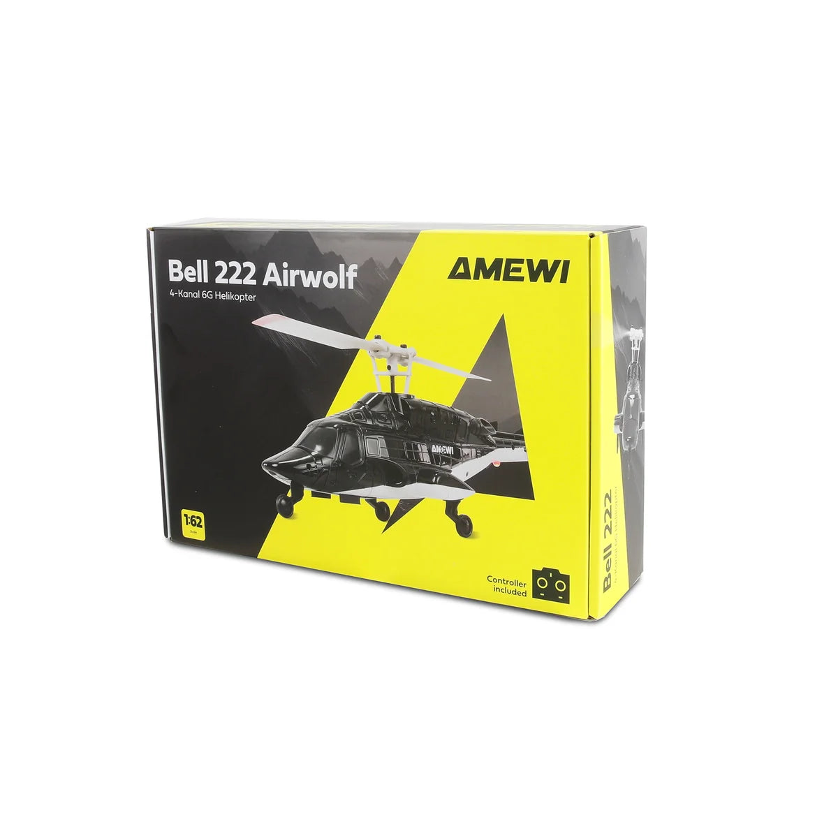Amewi Bell 222 Airwolf Helikopter 4-Kanal 6G 25355 Helikopter RTF – Verpackung Produktkarton mit Helikopter und Zubehör