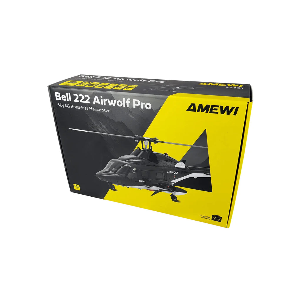 Amewi Bell 222 Airwolf Pro Helikopter 6-Kanal 3D/6G 25361 Helikopter RTF – Verpackung Produktkarton mit Helikopter-Abbildung