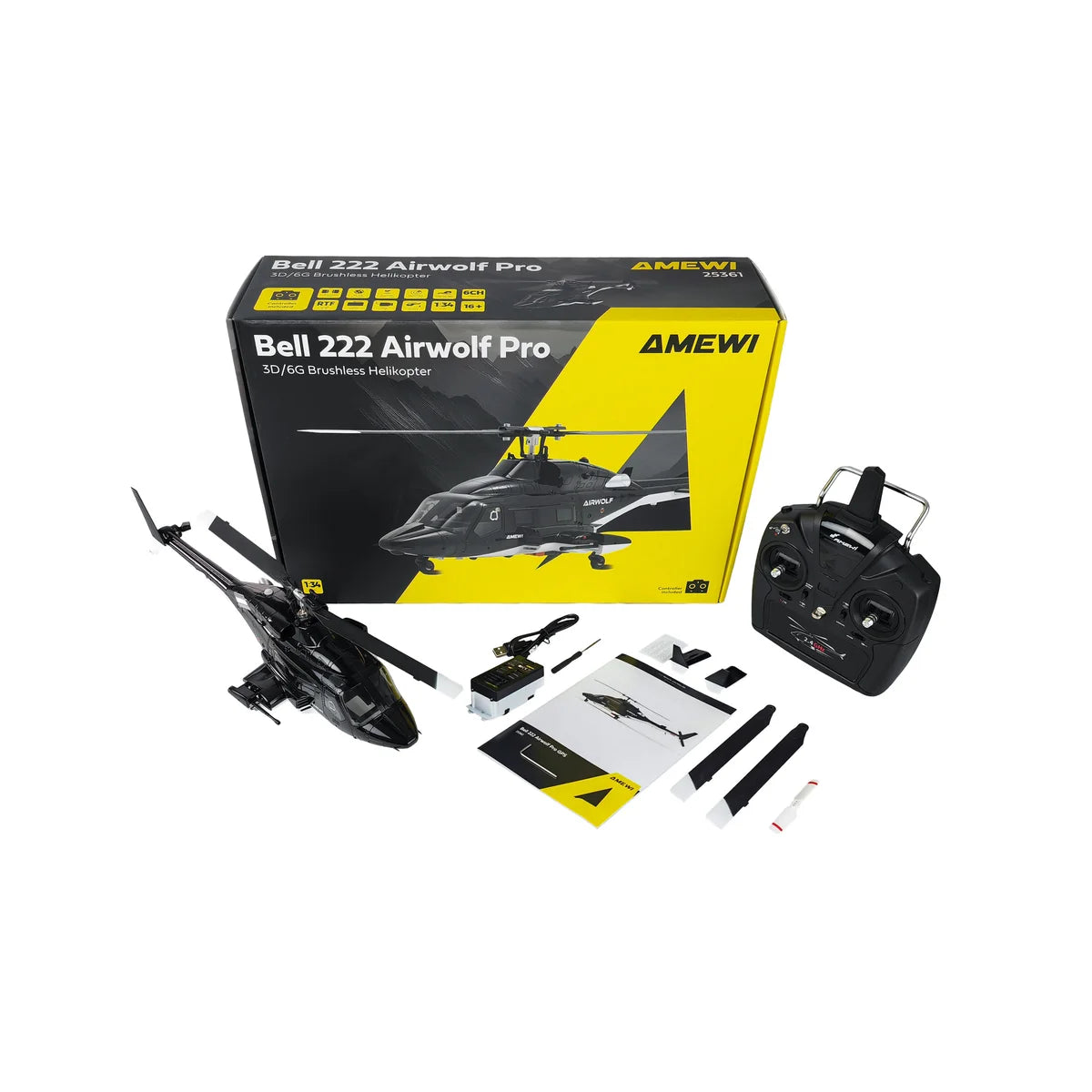 Amewi Bell 222 Airwolf Pro Helikopter 6-Kanal 3D/6G 25361 Helikopter RTF – Lieferumfang und Zubehör