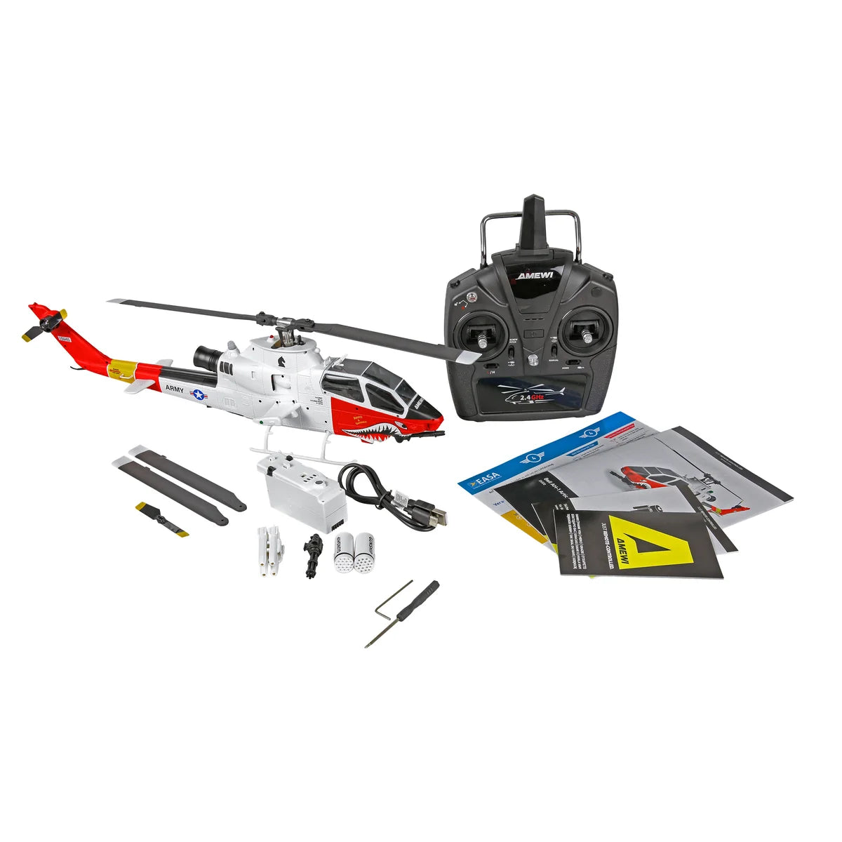 Amewi Bell AH-1 Arctic Cobra Helikopter 6-Kanal 3D/6G 25372 im Maßstab 1:34 Helikopter RTF – Lieferumfang und Zubehör