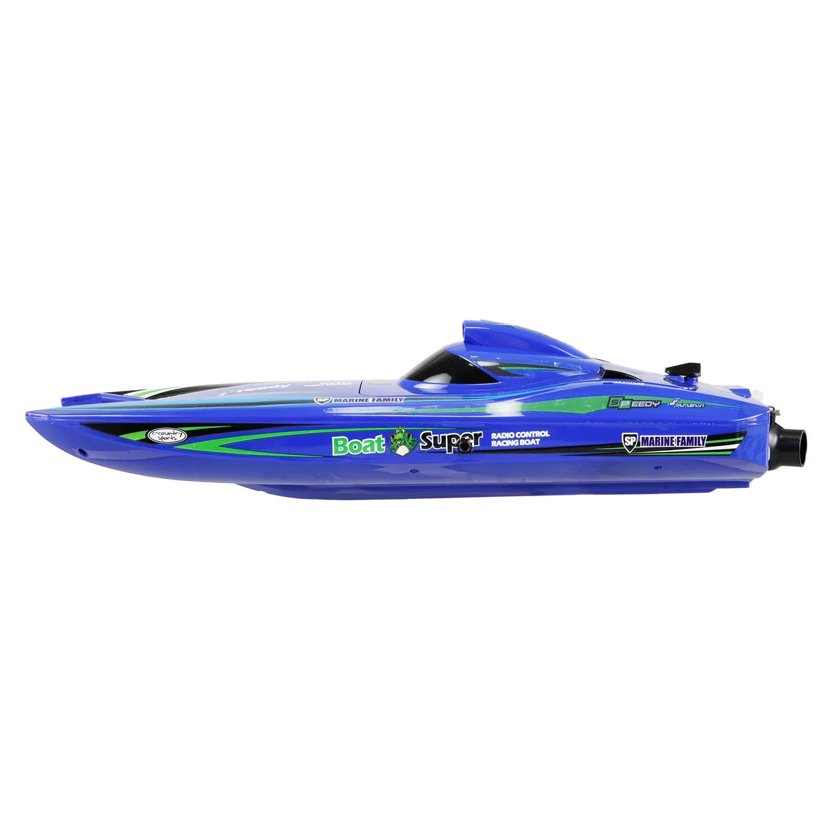 Amewi Blue Arrow Katamaran brushless Jetantrieb 400mm 26114 Jetboot RTR – Seitenansicht blaues Jetboot mit grünen Streifen