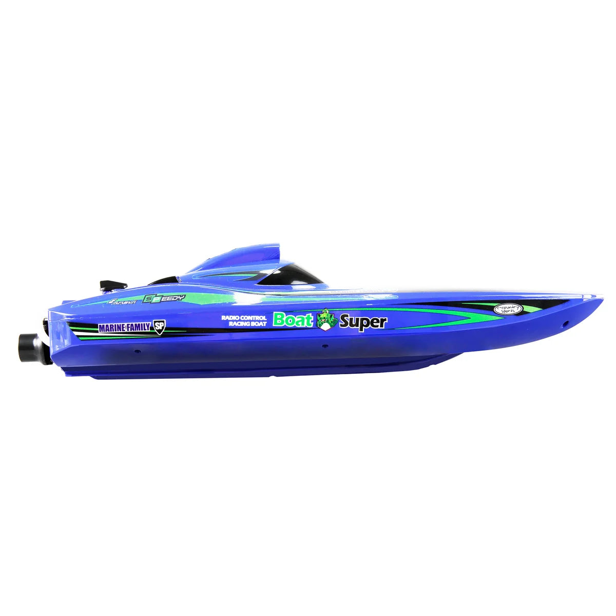 Amewi Blue Arrow Katamaran brushless Jetantrieb 400mm 26114 Jetboot RTR – Seitenansicht blaues Jetboot mit grünen Akzenten