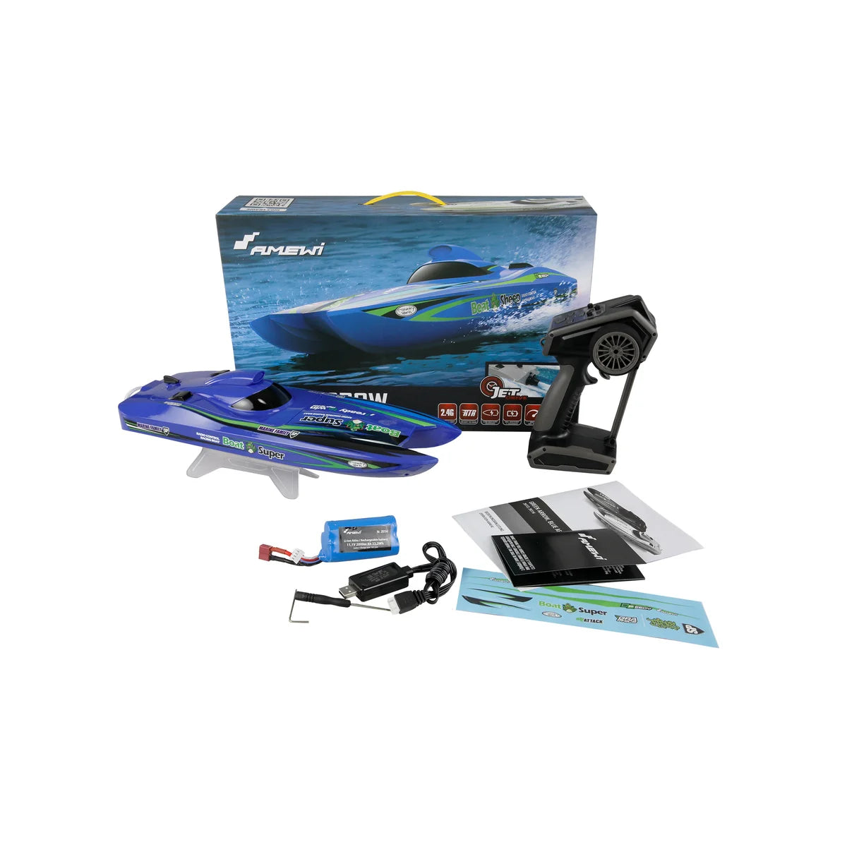 Amewi Blue Arrow Katamaran brushless Jetantrieb 400mm 26114 Jetboot RTR – Lieferumfang und Zubehör