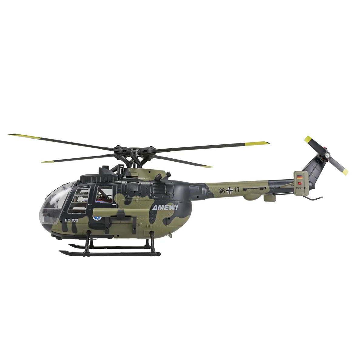 Amewi Bo105 Helikopter Bundeswehr brushless 6-Kanal 3D/6G 25378 Helikopter RTF – Seitenansicht