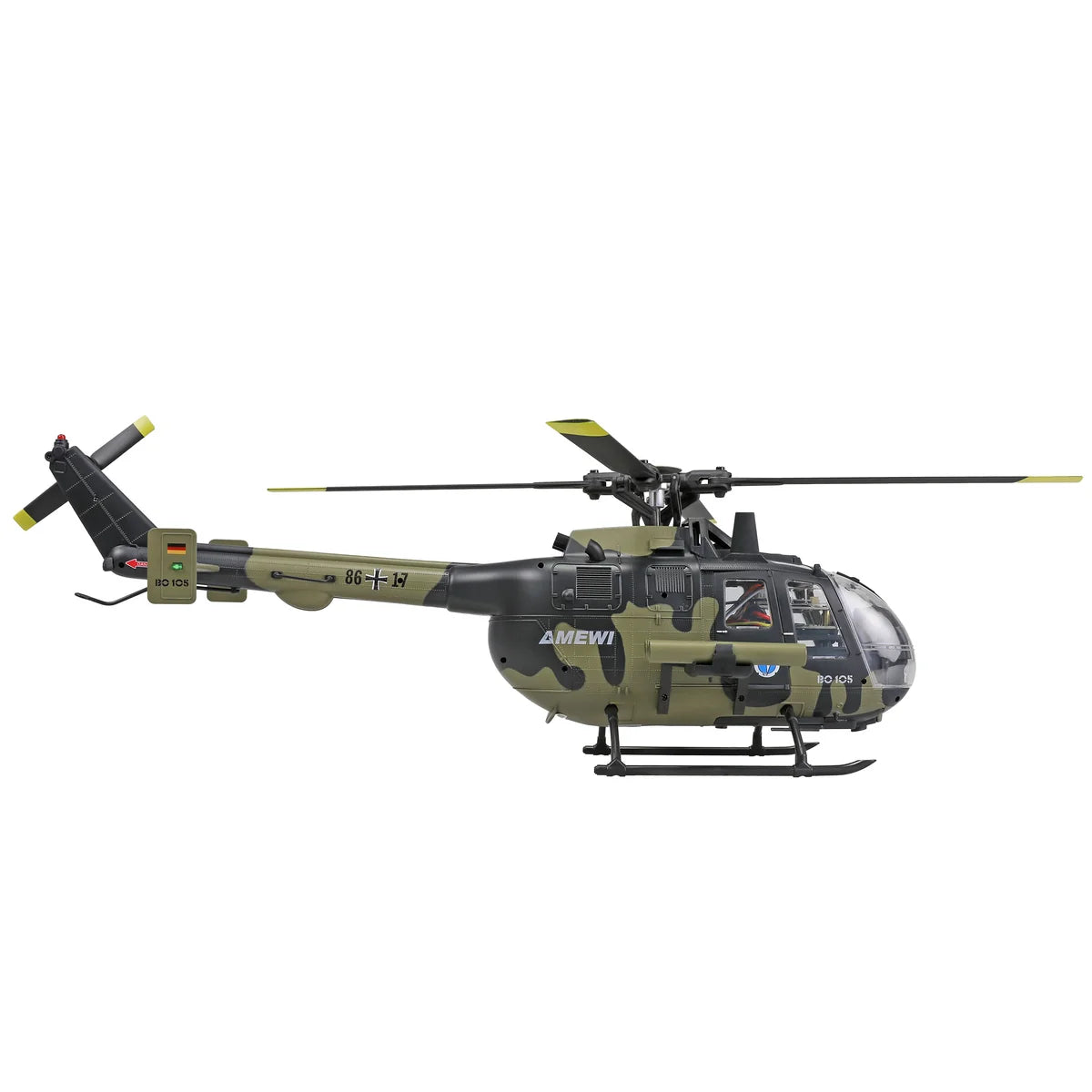 Amewi Bo105 Helikopter Bundeswehr brushless 6-Kanal 3D/6G 25378 Helikopter RTF – Seitenansicht