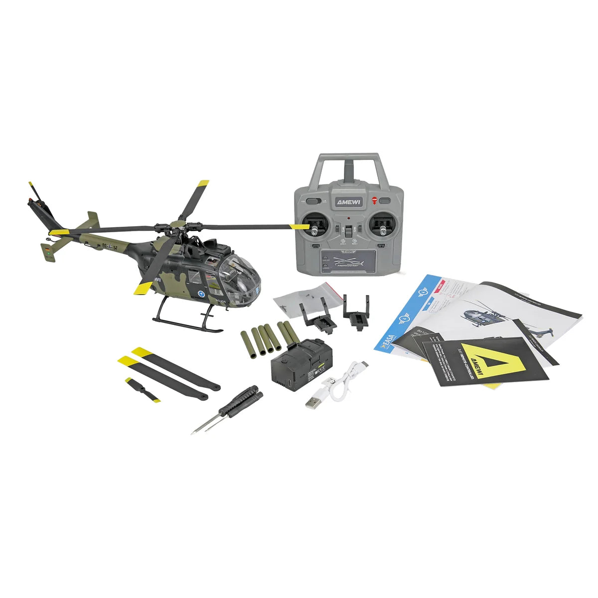Amewi Bo105 Helikopter Bundeswehr brushless 6-Kanal 3D/6G 25378 Helikopter RTF – Lieferumfang und Zubehör