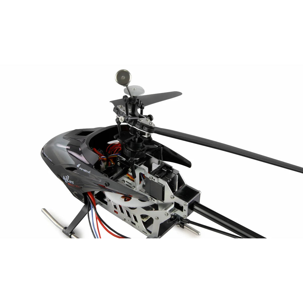 Amewi Buzzard Pro XL Helikopter V2 brushless 4-Kanal 25190 Helikopter RTF – Seitenansicht mit Rotorblättern und Fahrwerk