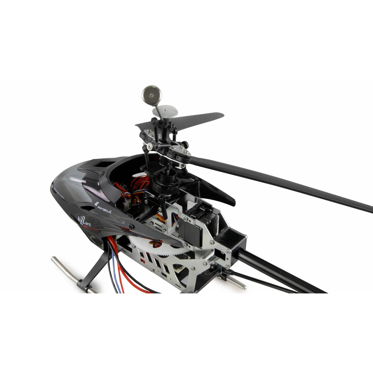 Amewi Buzzard Pro XL Helikopter V2 brushless 4-Kanal 25190 Helikopter RTF – Seitenansicht mit Rotorblättern und Fahrwerk