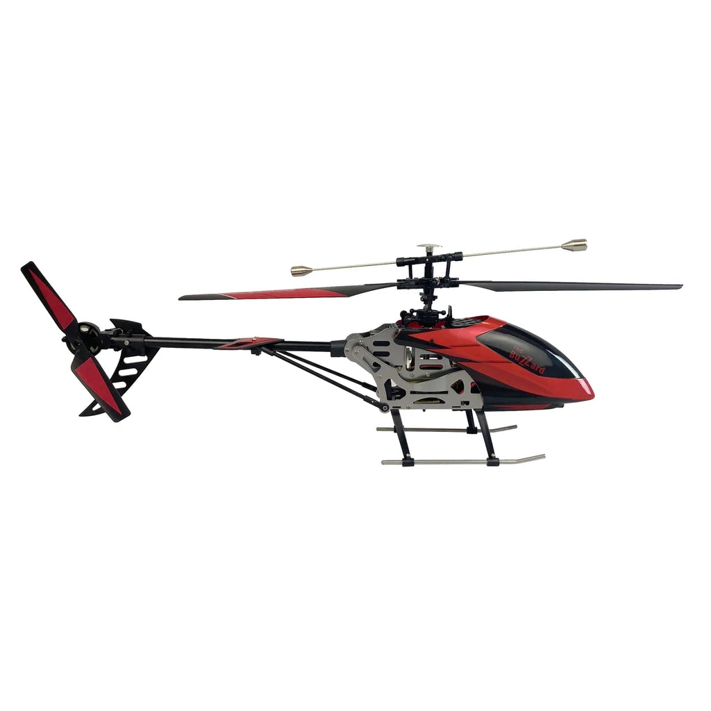 Amewi Buzzard V2 Single-Rotor-Helikopter 4-Kanal Rot 25316 Helikopter RTF – Seitenansicht mit Hauptrotor, Heckrotor und Kufen