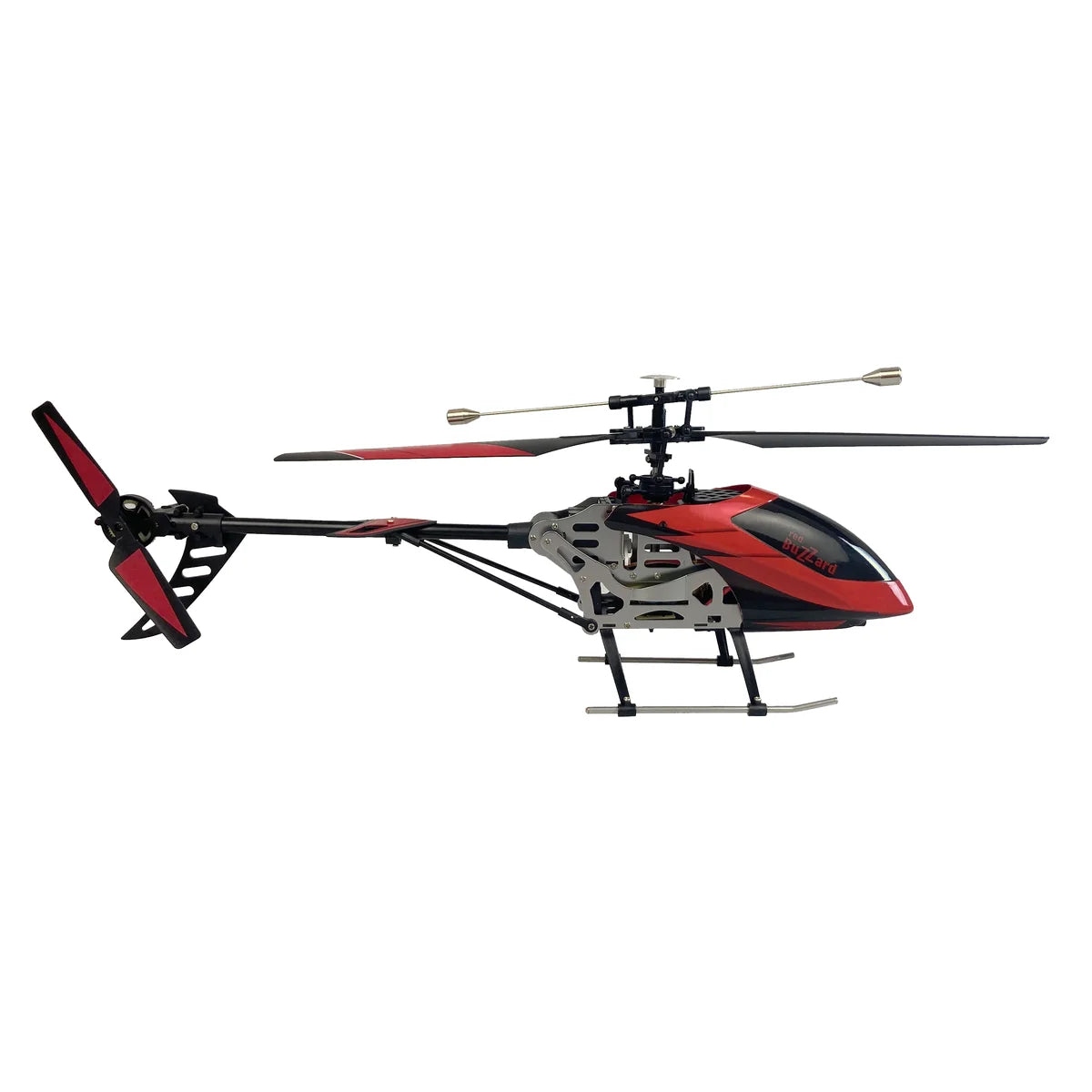 Amewi Buzzard V2 Single-Rotor-Helikopter 4-Kanal Rot 25316 Helikopter RTF – Seitenansicht mit Hauptrotor, Heckrotor und Kufen
