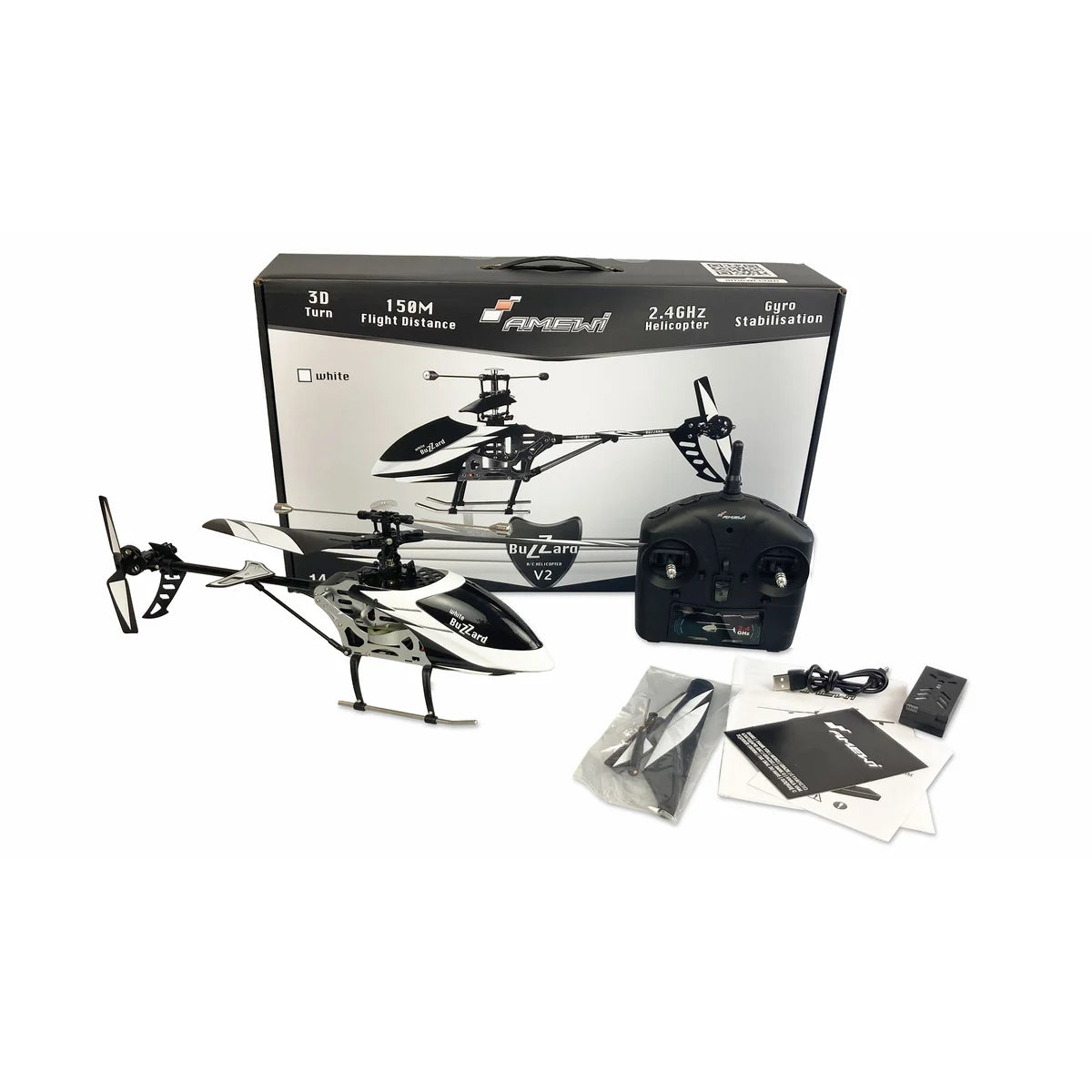 Amewi Buzzard V2 Single-Rotor-Helikopter 4-Kanal Weiß 25317 Helikopter RTF – Lieferumfang und Zubehör