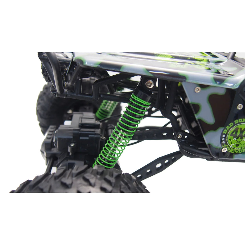 Amewi Crazy Rock Crawler 4WD Grün 22217 im Maßstab 1:10 Crawler RTR – Detailansicht Federung und Räder mit grünen Federn