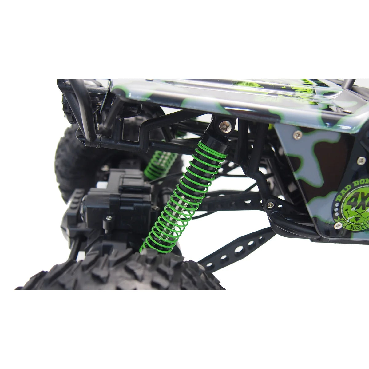 Amewi Crazy Rock Crawler 4WD Grün 22217 im Maßstab 1:10 Crawler RTR – Detailansicht Federung und Räder mit grünen Federn