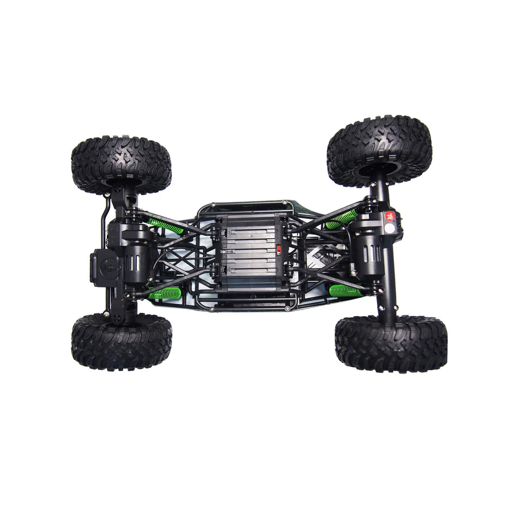 Amewi Crazy Rock Crawler 4WD Grün 22217 im Maßstab 1:10 Crawler RTR – Draufsicht mit grünem Chassis und vier schwarzen Reifen