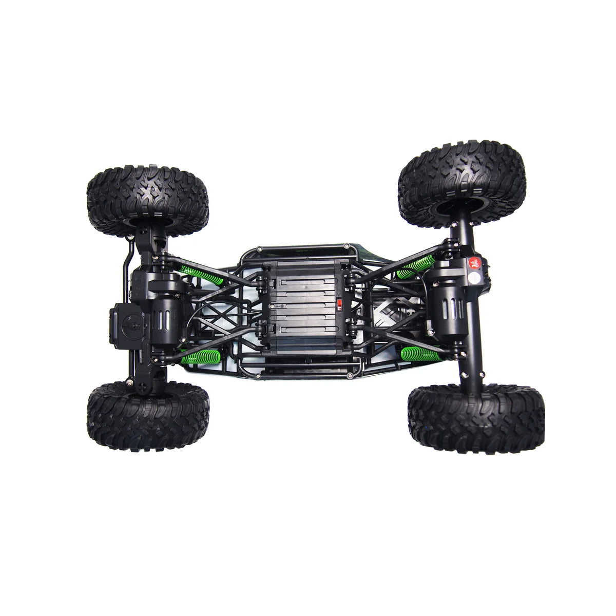 Amewi Crazy Rock Crawler 4WD Grün 22217 im Maßstab 1:10 Crawler RTR – Draufsicht mit grünem Chassis und vier schwarzen Reifen