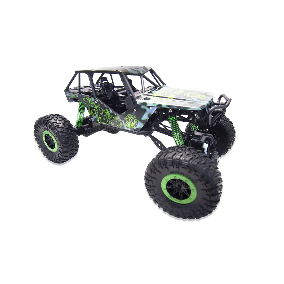 Amewi Crazy Rock Crawler 4WD Grün 22217 im Maßstab 1:10 Crawler RTR – Seitenansicht mit grünen Felgen und schwarzen Reifen