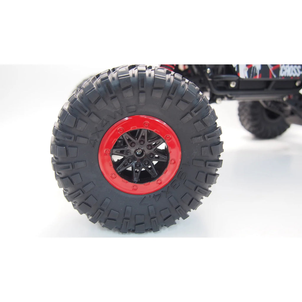Amewi Crazy Rock Crawler 4WD Rot 22216 im Maßstab 1:10 Crawler RTR – Detailansicht mit roter Felge und schwarzem Reifen