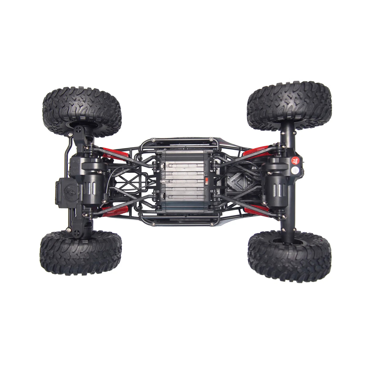 Amewi Crazy Rock Crawler 4WD Rot 22216 im Maßstab 1:10 Crawler RTR – Draufsicht mit vier Reifen und rotem Chassis