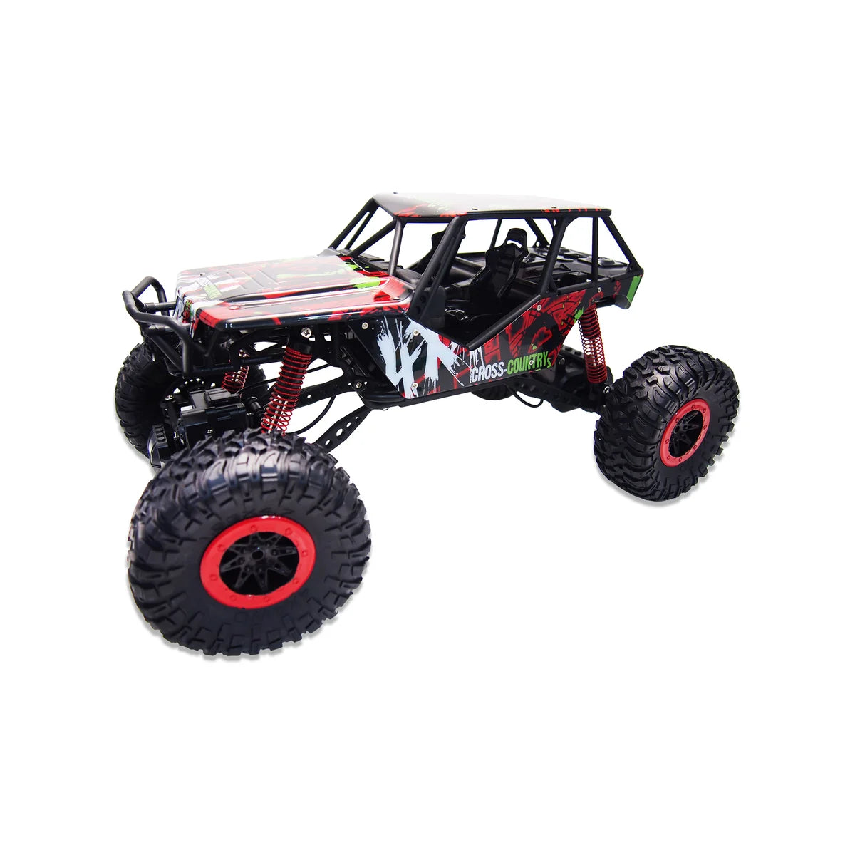 Amewi Crazy Rock Crawler 4WD Rot 22216 im Maßstab 1:10 Crawler RTR – Seitenansicht mit roten Felgen und schwarzen Reifen