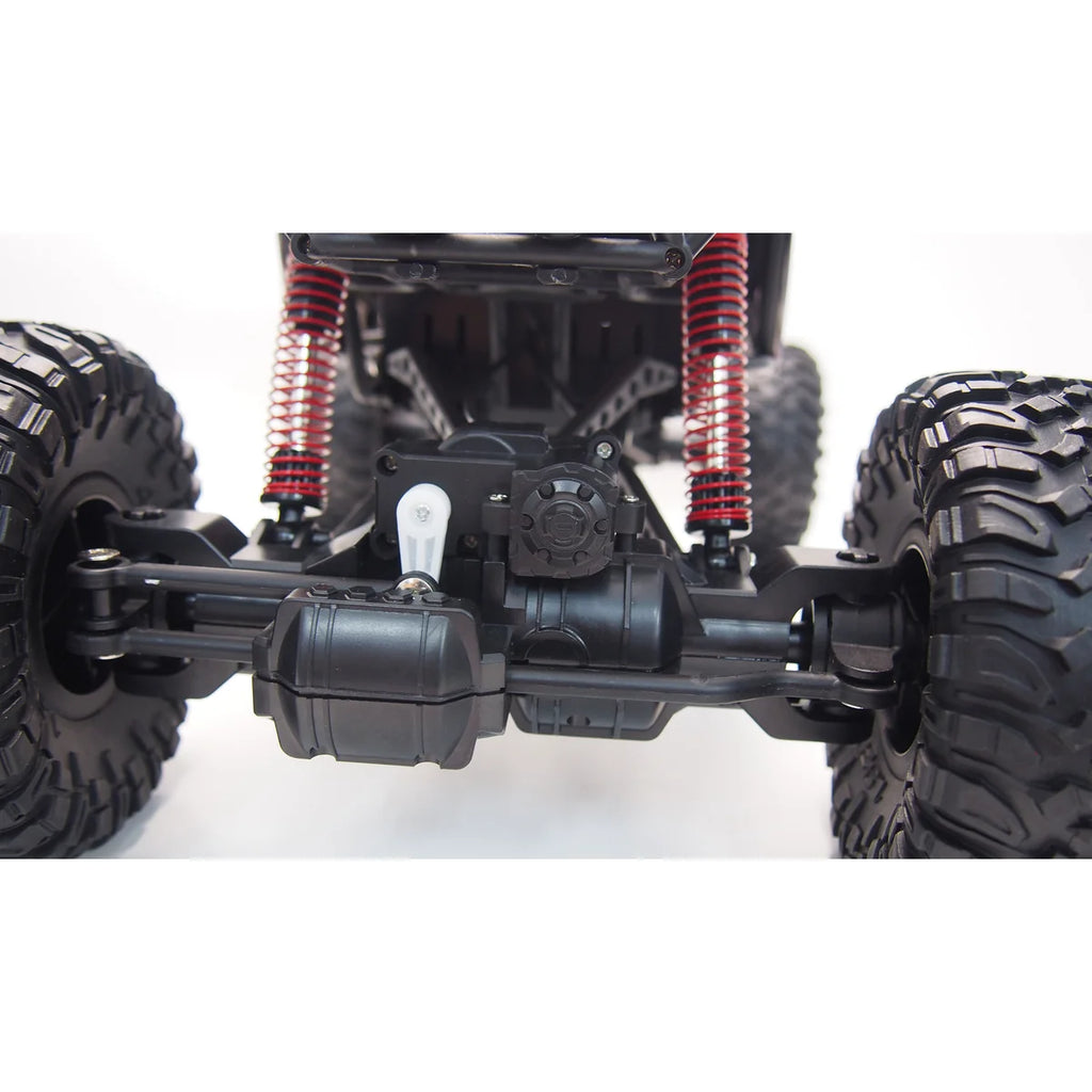 Amewi Crazy Rock Crawler 4WD Rot 22216 im Maßstab 1:10 Crawler RTR – Unteransicht mit Chassis, Achsen und Federung