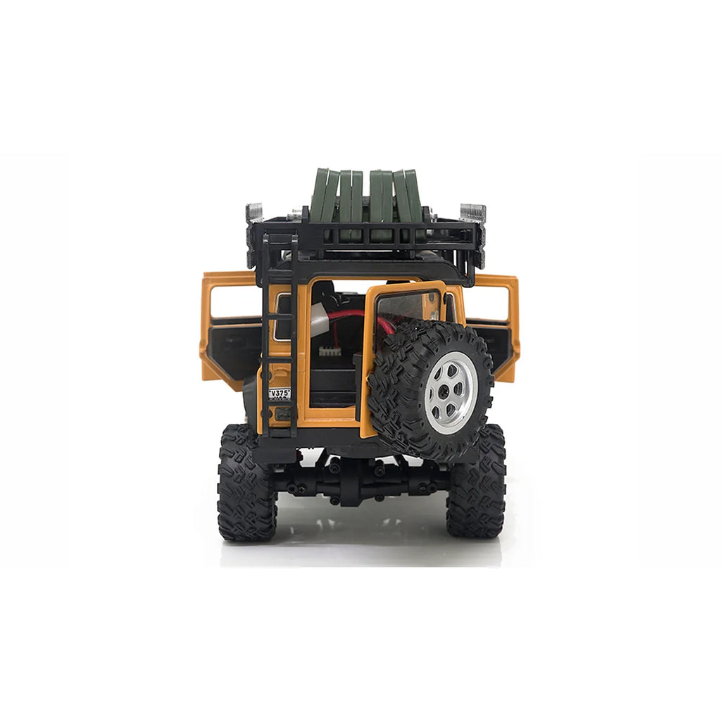 Amewi D90X28 Metall Scale Crawler 4WD Gelb 22567 im Maßstab 1:28 Crawler RTR – Rückansicht mit Dachgepäckträger und Reifen
