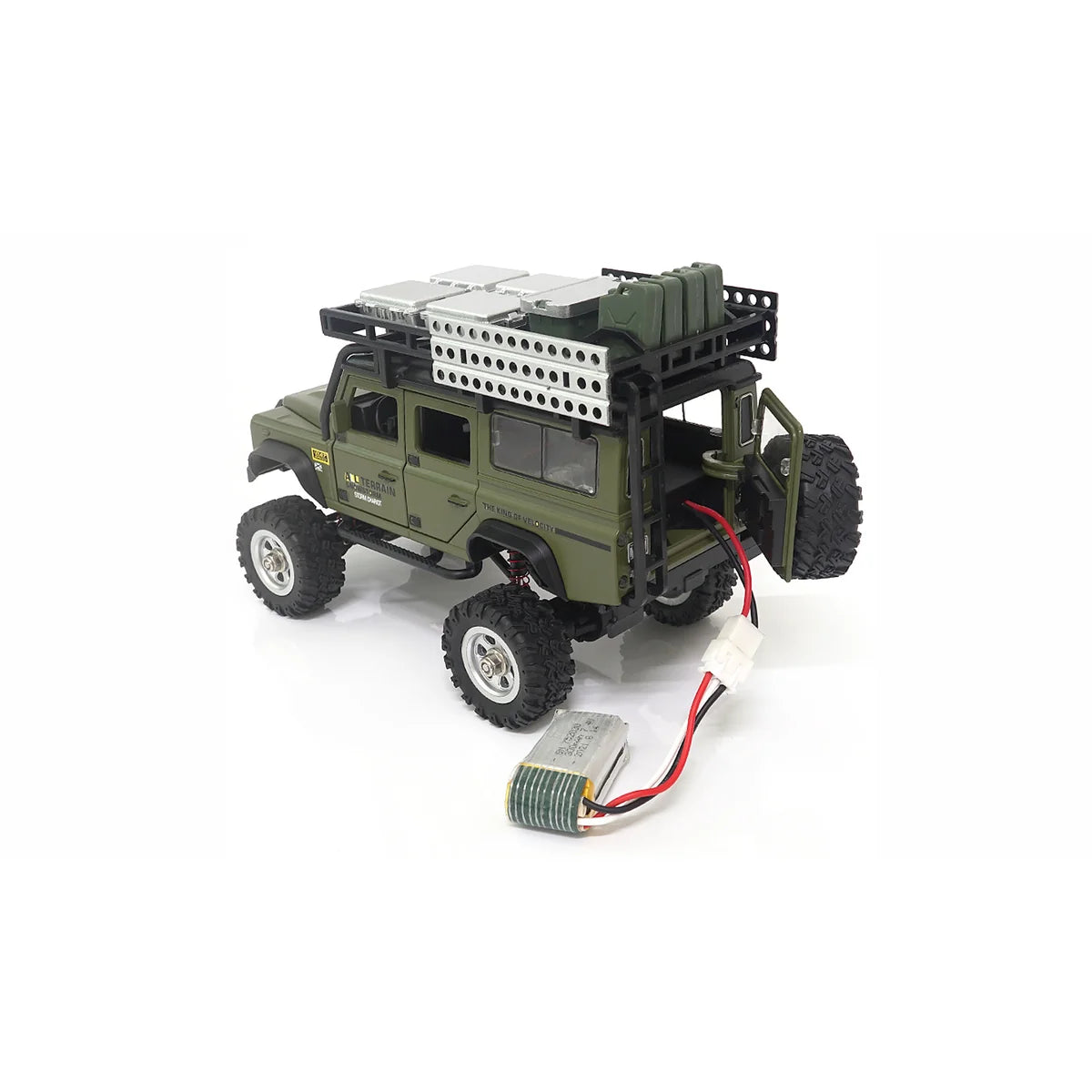 Amewi D90X28 Metall Scale Crawler 4WD Grün 22566 im Maßstab 1:28 Crawler RTR – Draufsicht mit Dachgepäckträger und Batterie