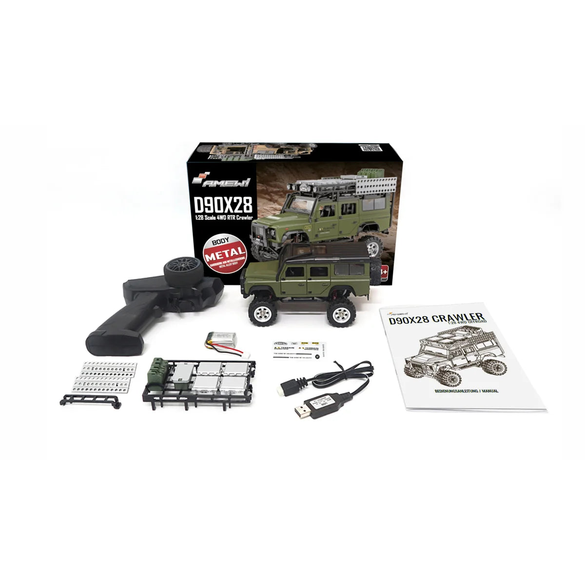 Amewi D90X28 Metall Scale Crawler 4WD Grün 22566 im Maßstab 1:28 Crawler RTR – Lieferumfang und Zubehör