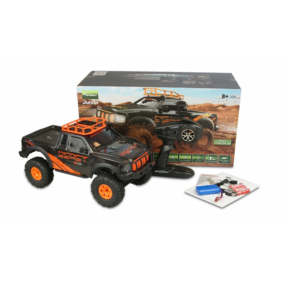 Amewi Dirt Climbing Beast Pick-up Crawler 4WD Schwarz/orange 22529 im Maßstab 1:10 Crawler RTR – Lieferumfang und Zubehör